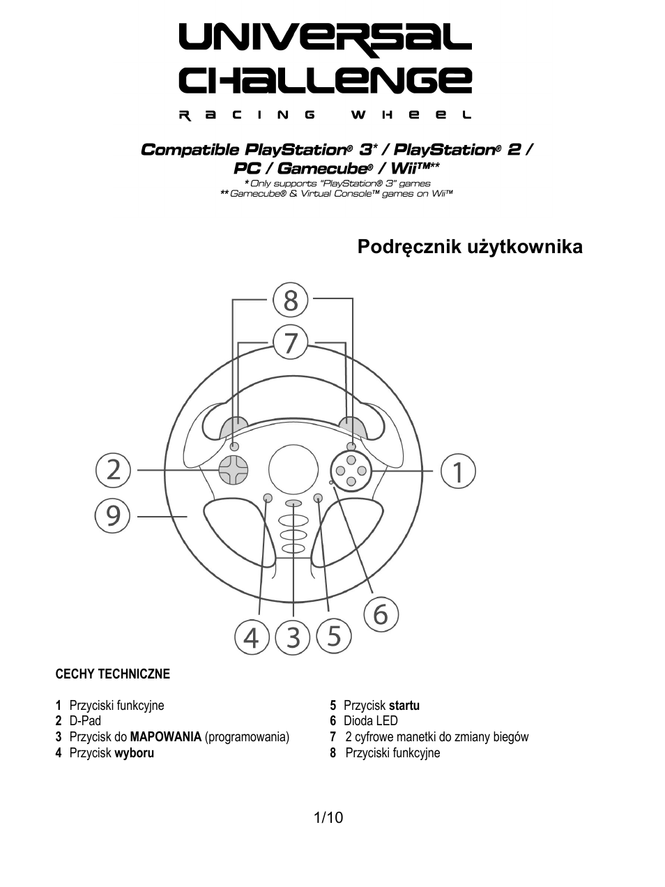 08_pol_universal challenge 5-in-1_v2, Cechy techniczne, Podręcznik użytkownika | Thrustmaster Universal Challenge 5-in-1 User Manual | Page 72 / 82