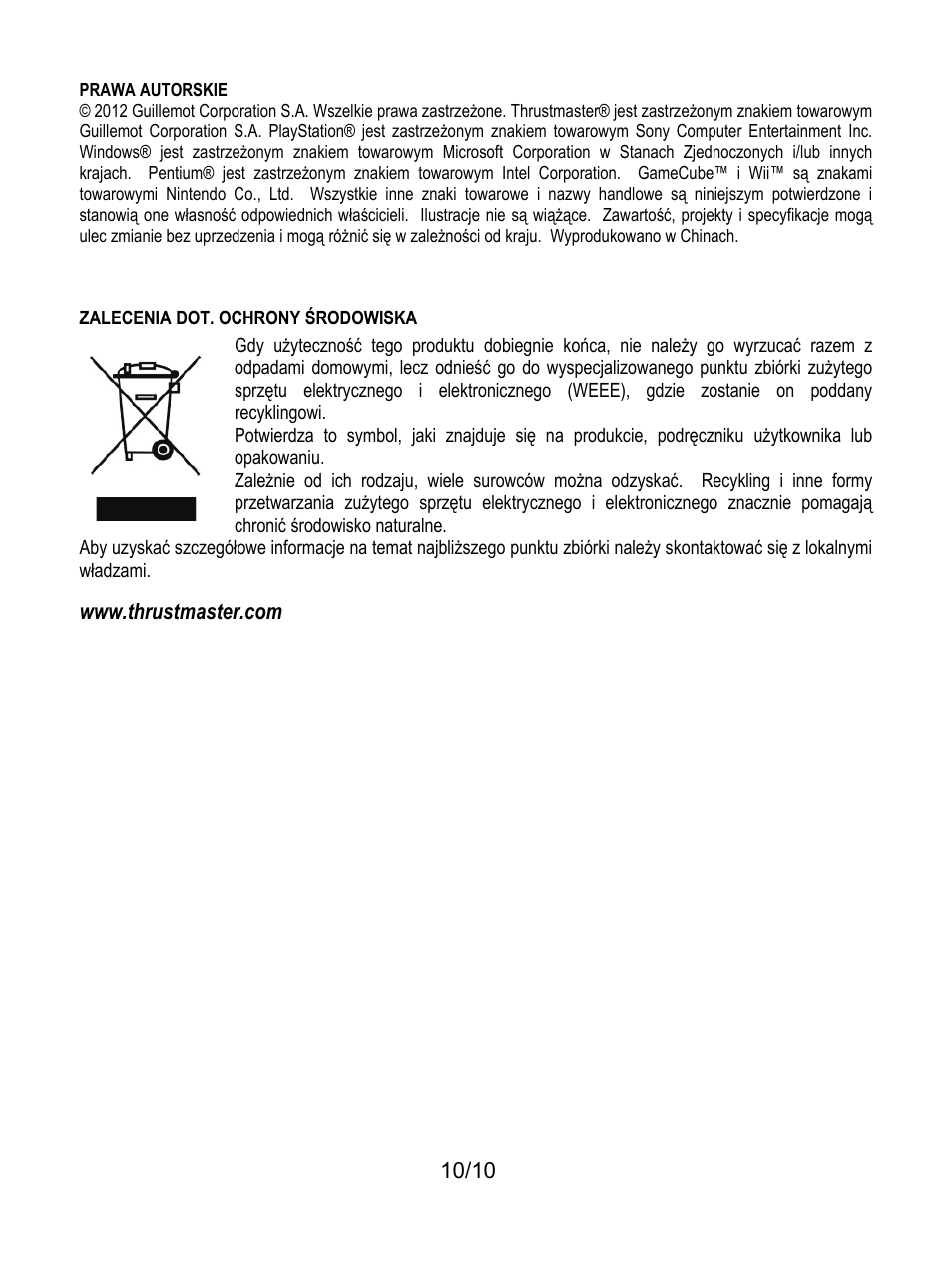 Zalecenia dot. ochrony środowiska | Thrustmaster Universal Challenge 5-in-1 User Manual | Page 81 / 82