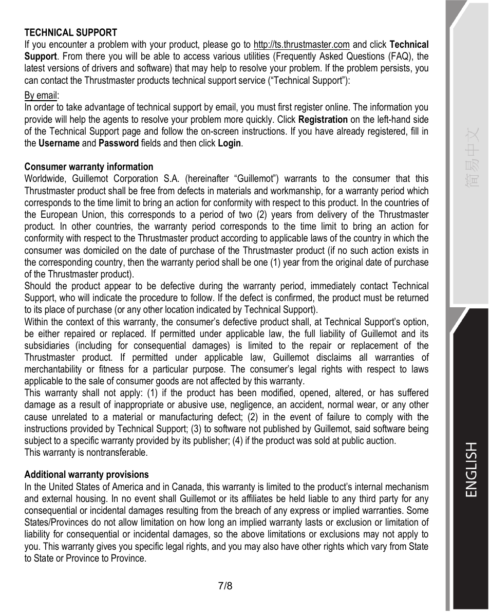 Consumer warranty information, Additional warranty provisions | Thrustmaster T60 Racing Wheel User Manual | Page 16 / 17