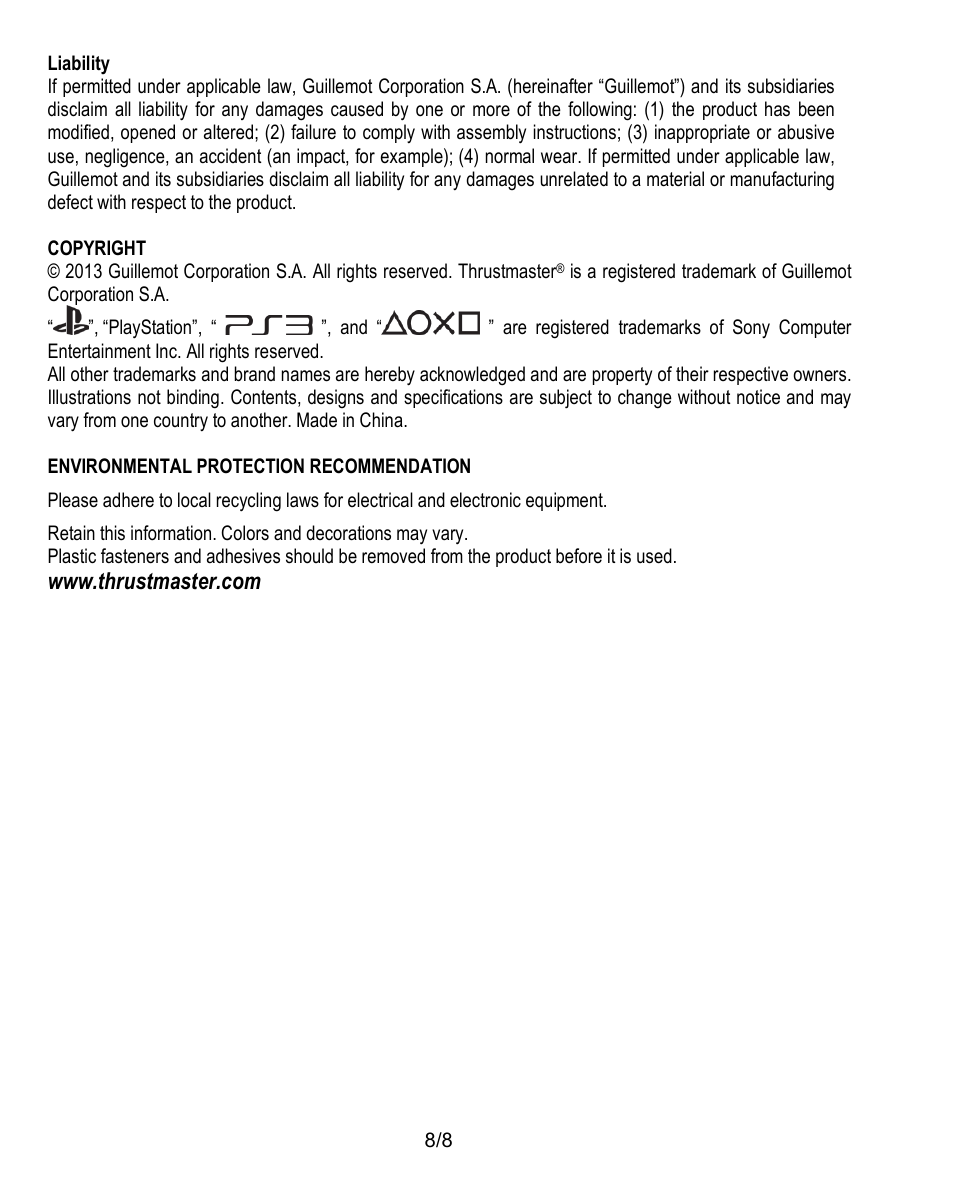 Liability | Thrustmaster T60 Racing Wheel User Manual | Page 17 / 17