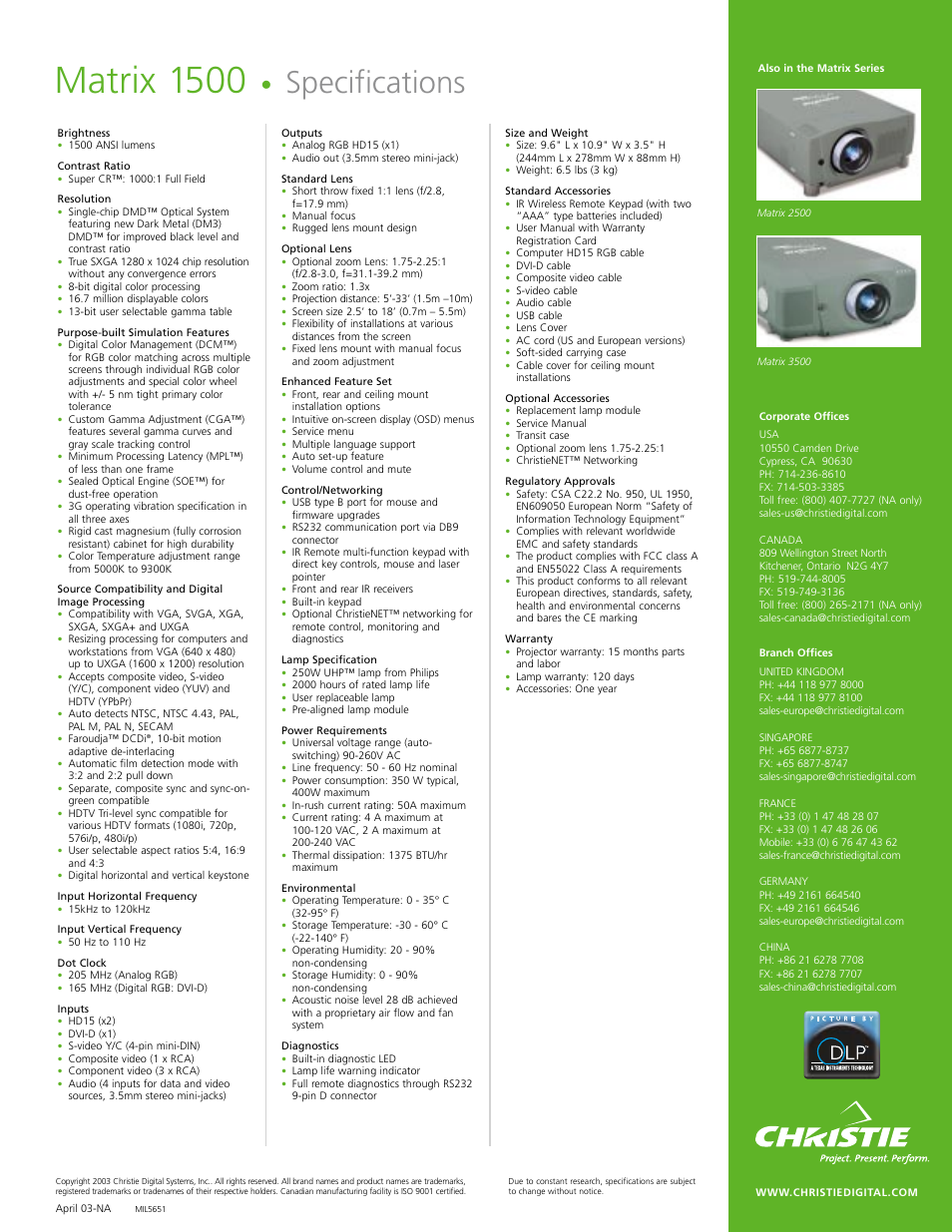 Matrix 1500, Specifications | Christie Digital Systems Matrix 1500 User Manual | Page 2 / 2