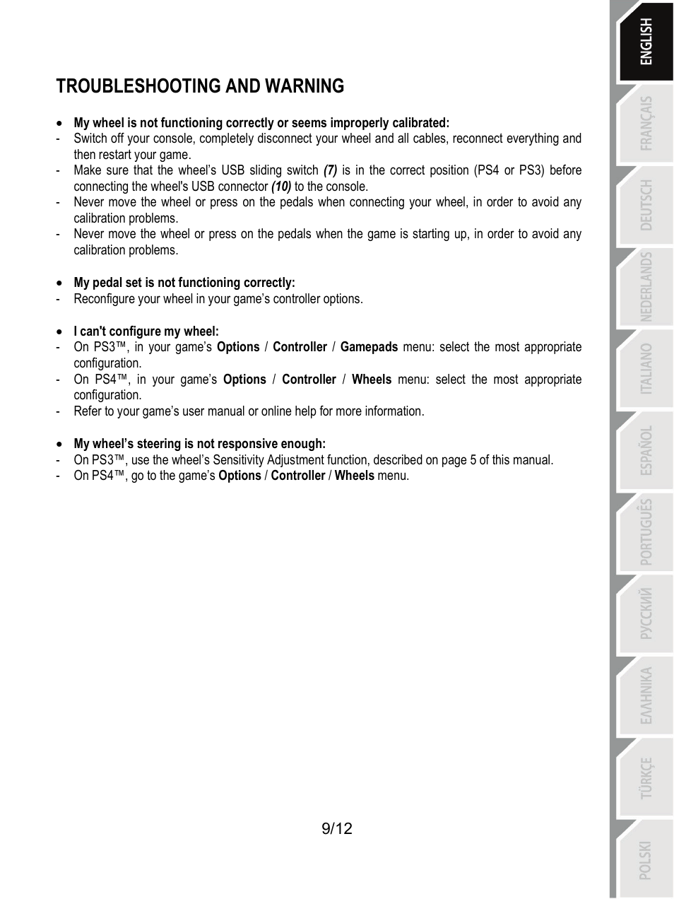 Troubleshooting and warning | Thrustmaster T80 Racing Wheel User Manual | Page 10 / 269