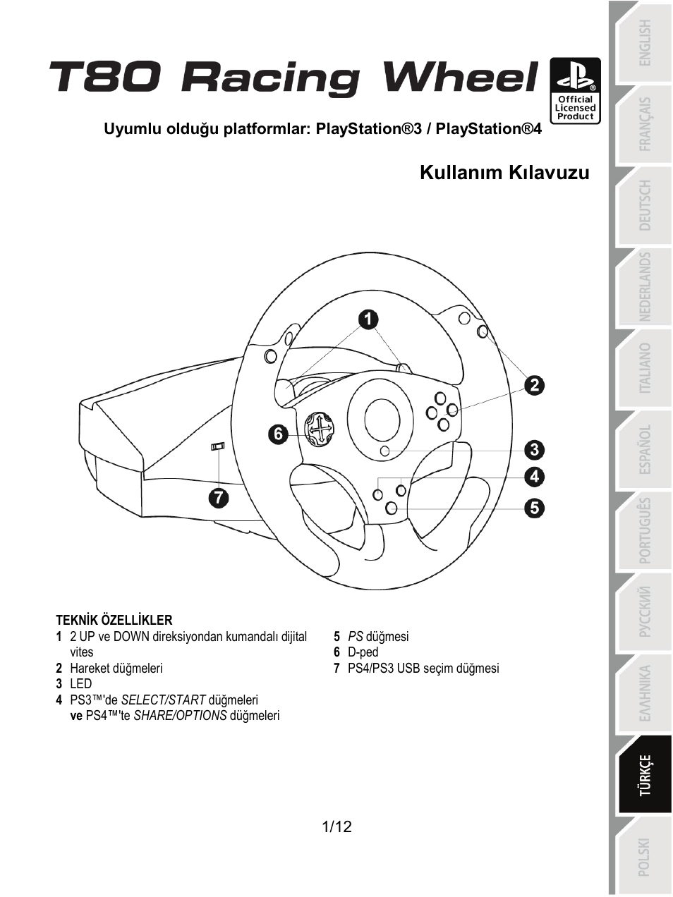 10_tur_t80_racing_wheel, Teknik özellikler, Türkçe | Kullanım kılavuzu | Thrustmaster T80 Racing Wheel User Manual | Page 110 / 269