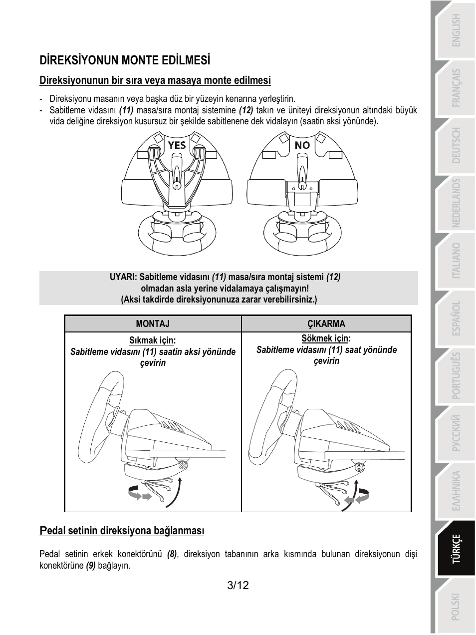 Direksiyonun monte edilmesi | Thrustmaster T80 Racing Wheel User Manual | Page 112 / 269