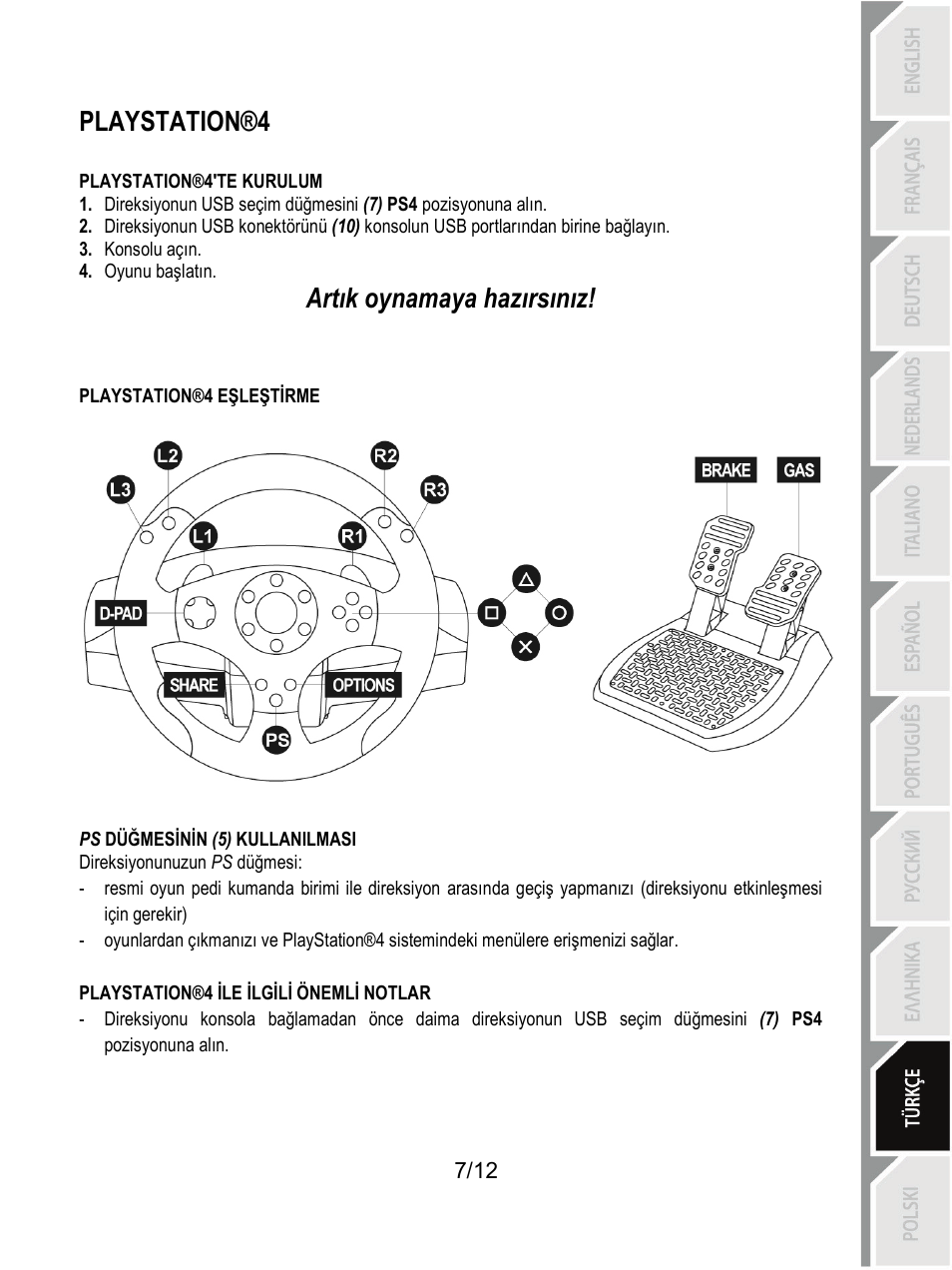 Playstation®4, Artık oynamaya hazırsınız | Thrustmaster T80 Racing Wheel User Manual | Page 116 / 269