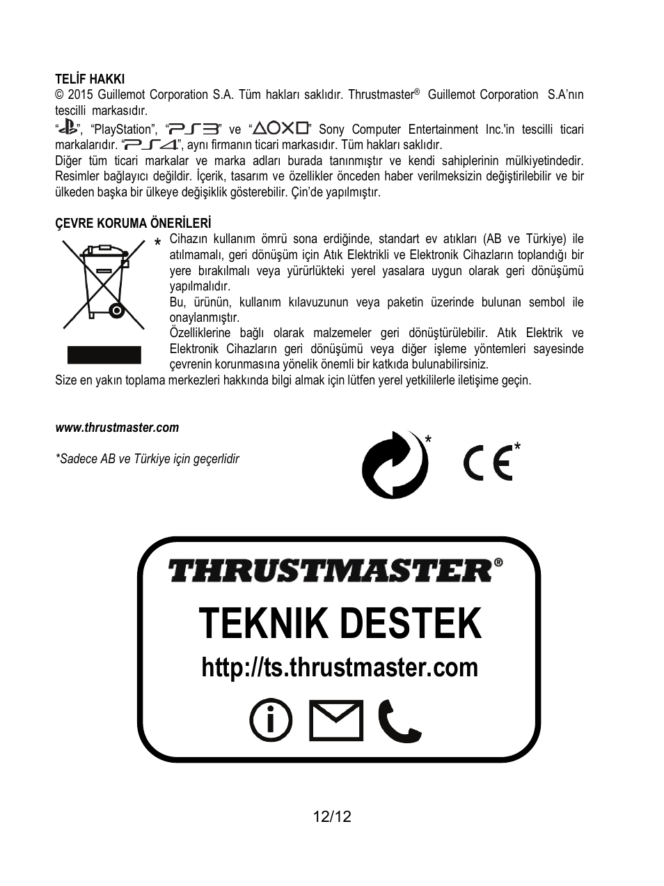 Telif hakkı, Teknik destek | Thrustmaster T80 Racing Wheel User Manual | Page 121 / 269