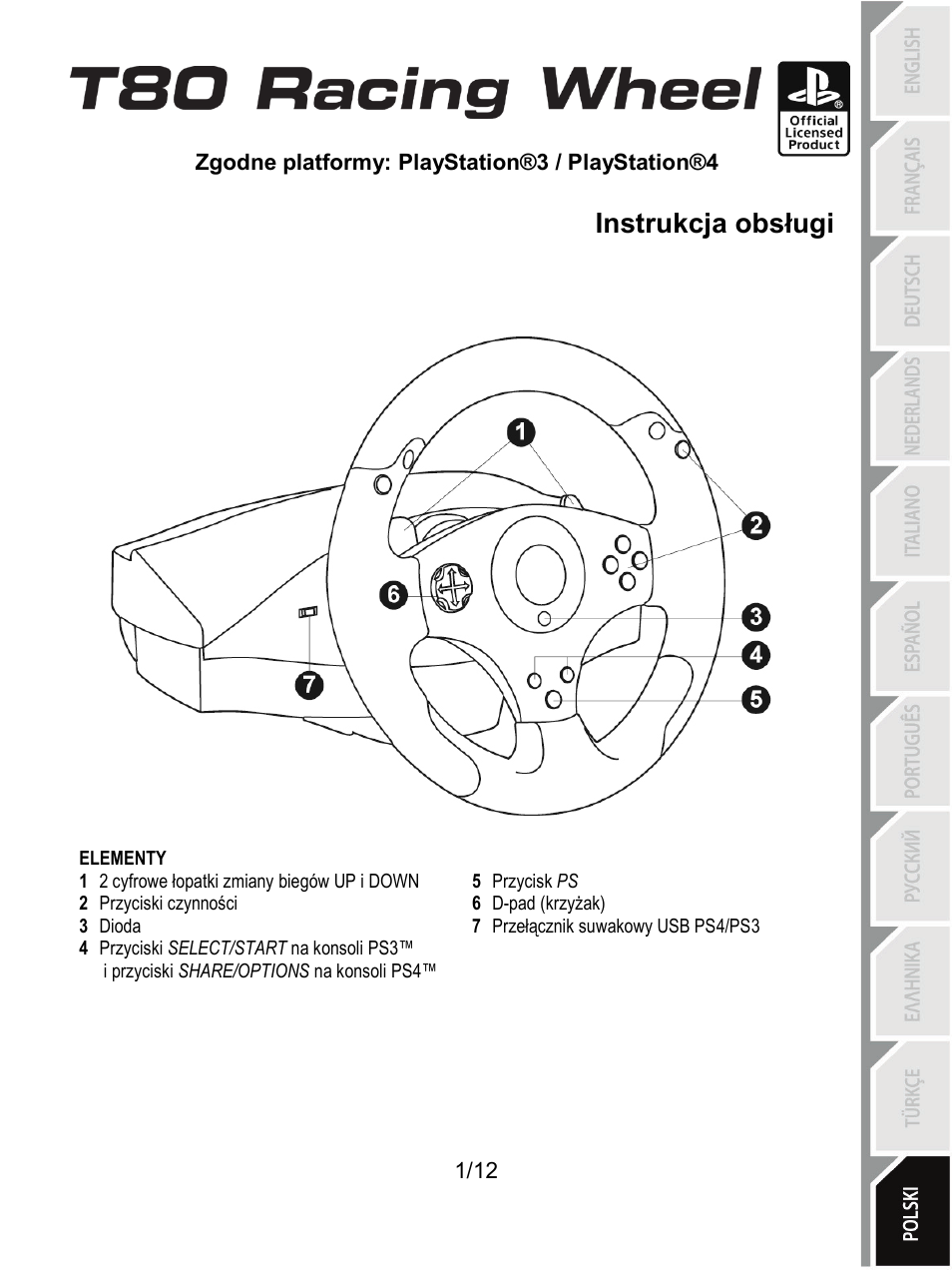 11_pol_t80_racing_wheel, Elementy, Polski | Instrukcja obsługi | Thrustmaster T80 Racing Wheel User Manual | Page 122 / 269