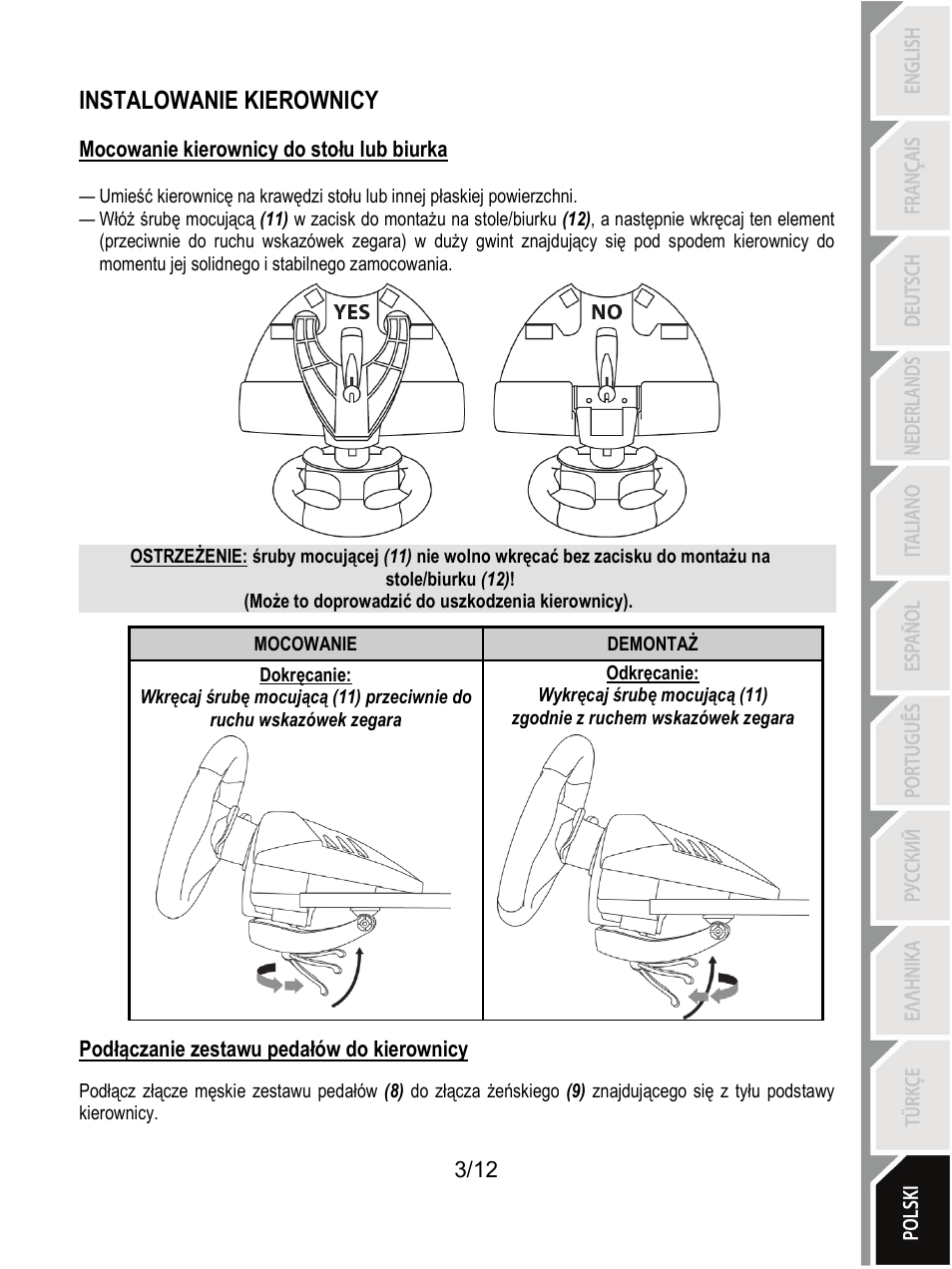 Instalowanie kierownicy, Mocowanie kierownicy do stołu lub biurka, Podłączanie zestawu pedałów do kierownicy | Thrustmaster T80 Racing Wheel User Manual | Page 124 / 269