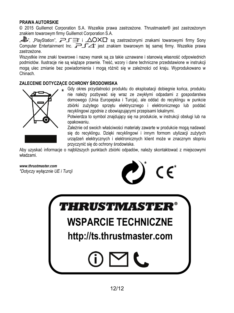 Prawa autorskie, Wsparcie techniczne | Thrustmaster T80 Racing Wheel User Manual | Page 133 / 269