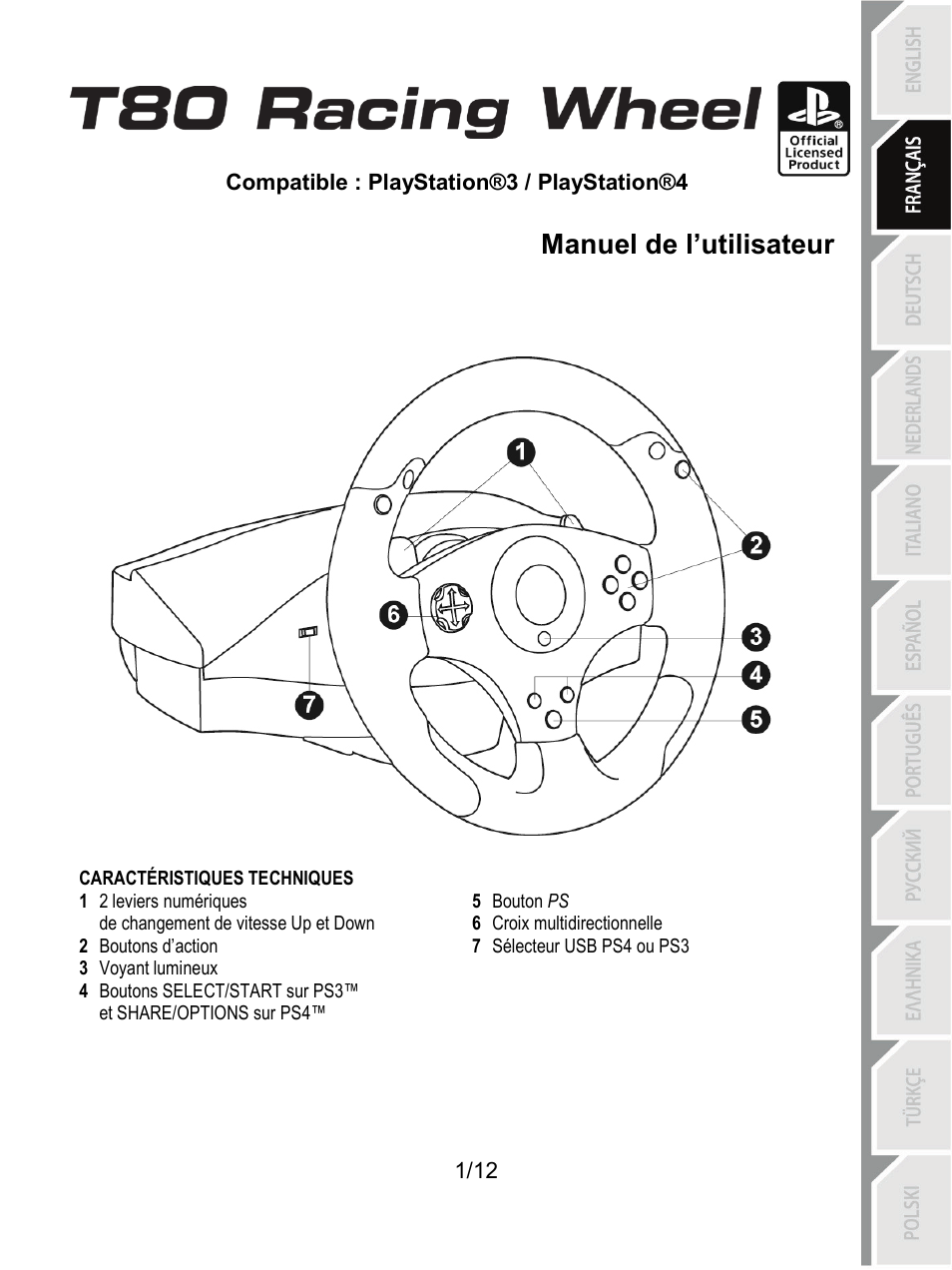 02_fra_t80_racing_wheel, Caractéristiques techniques, Français | Manuel de l’utilisateur | Thrustmaster T80 Racing Wheel User Manual | Page 14 / 269