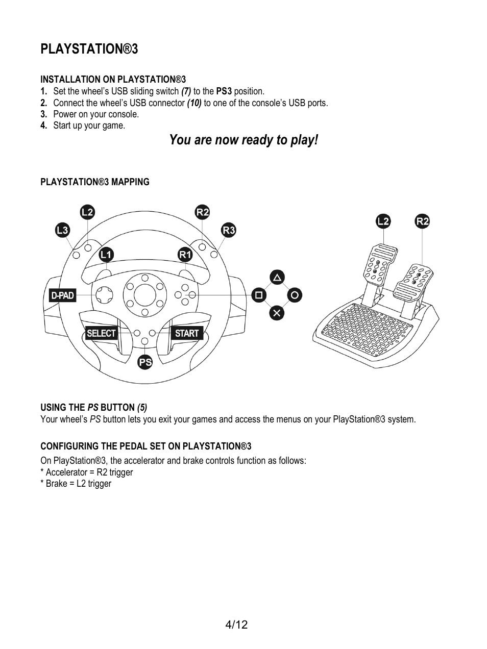 Configuring the pedal set on playstation®3, Playstation®3, You are now ready to play | Thrustmaster T80 Racing Wheel User Manual | Page 149 / 269