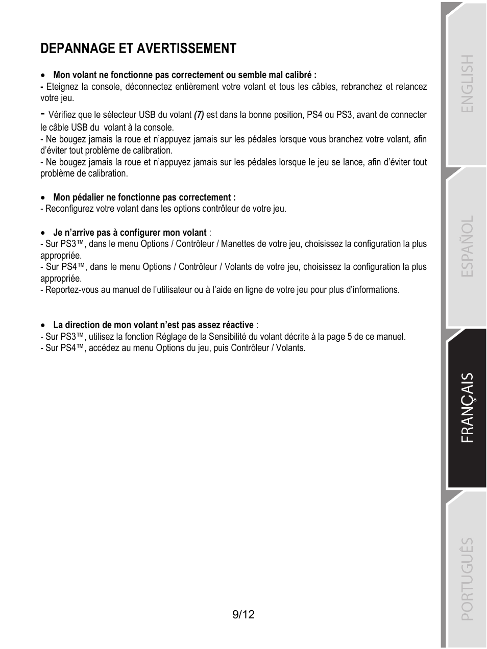 Depannage et avertissement | Thrustmaster T80 Racing Wheel User Manual | Page 166 / 269