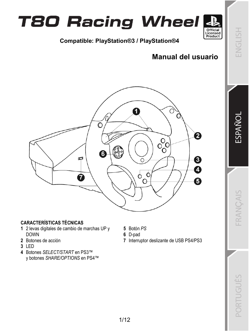 15_spa_t80_racing_wheel, Características técnicas, Español | Manual del usuario | Thrustmaster T80 Racing Wheel User Manual | Page 170 / 269