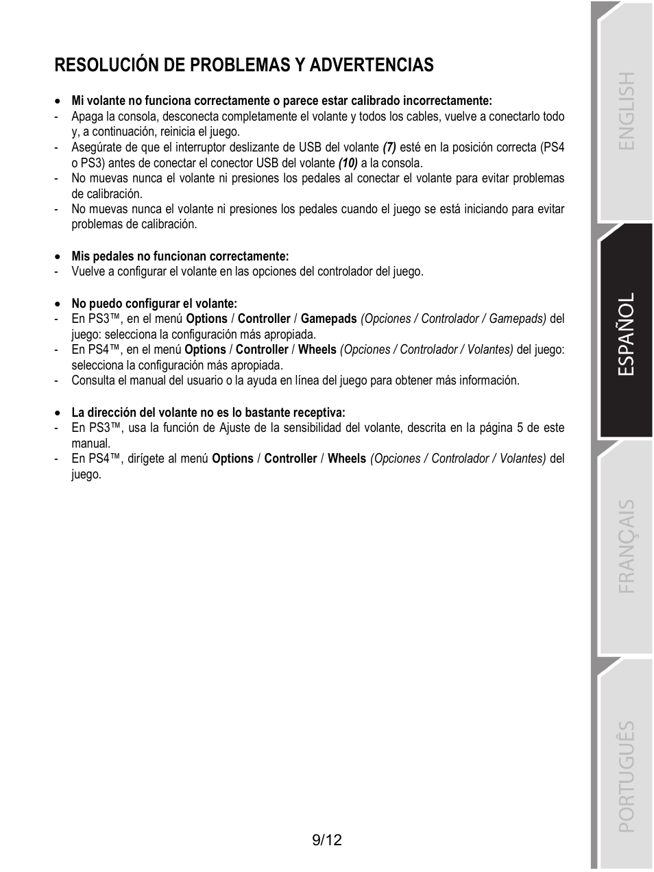 Resolución de problemas y advertencias | Thrustmaster T80 Racing Wheel User Manual | Page 178 / 269