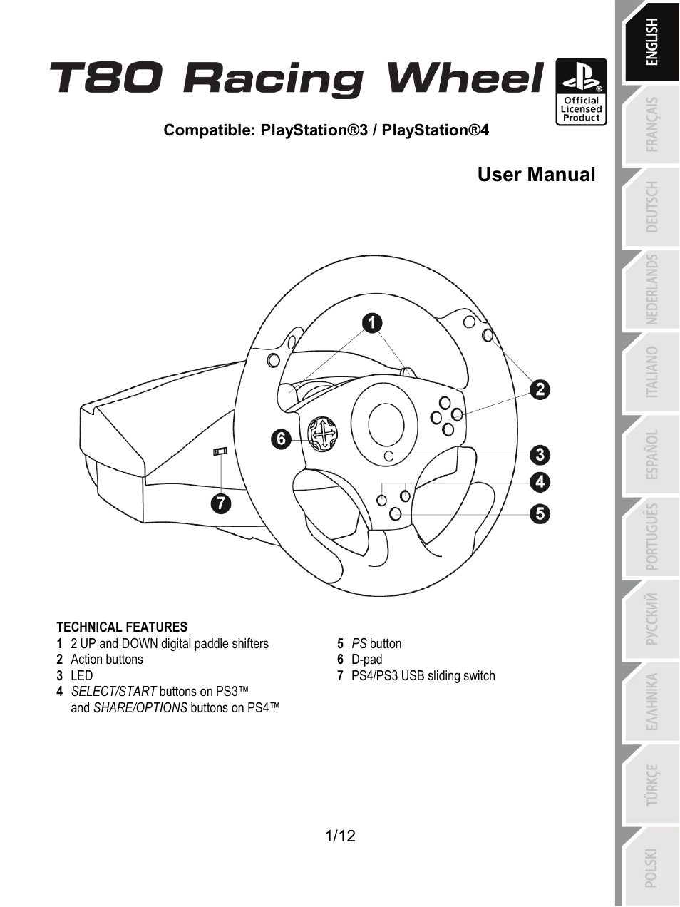 01_eng_t80_racing_wheel, Technical features, English | User manual | Thrustmaster T80 Racing Wheel User Manual | Page 2 / 269