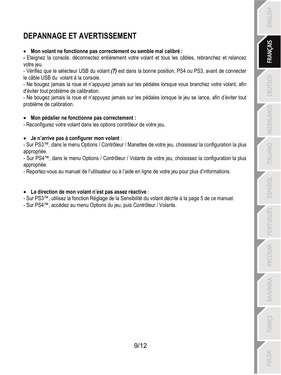 Depannage et avertissement | Thrustmaster T80 Racing Wheel User Manual | Page 22 / 269