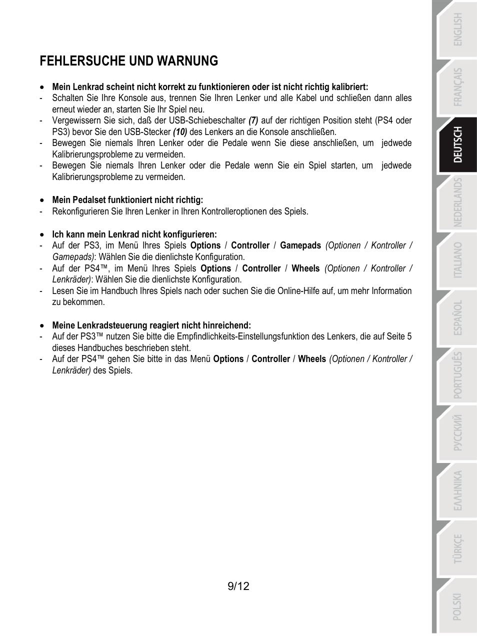 Fehlersuche und warnung | Thrustmaster T80 Racing Wheel User Manual | Page 34 / 269