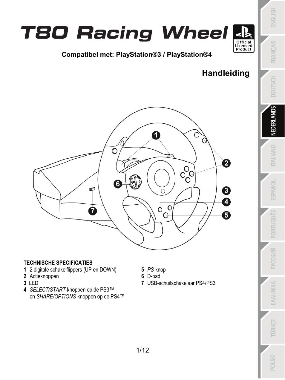 04_ned_t80_racing_wheel, Technische specificaties, Nederlands | Handleiding | Thrustmaster T80 Racing Wheel User Manual | Page 38 / 269