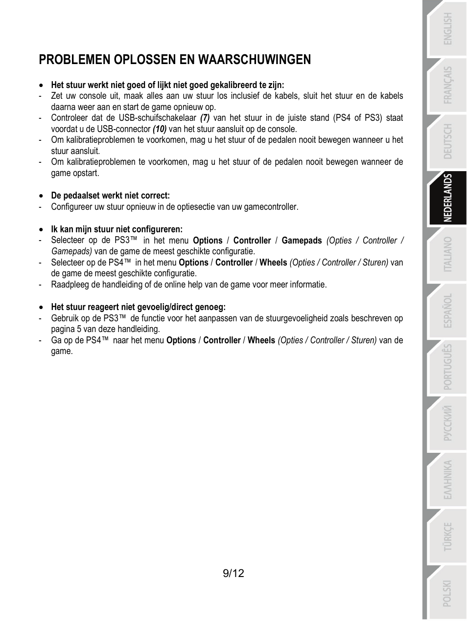 Problemen oplossen en waarschuwingen | Thrustmaster T80 Racing Wheel User Manual | Page 46 / 269