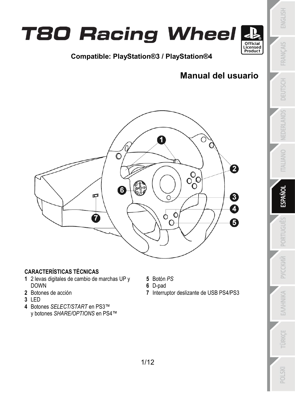 06_esp_t80_racing_wheel, Características técnicas, Español | Manual del usuario | Thrustmaster T80 Racing Wheel User Manual | Page 62 / 269