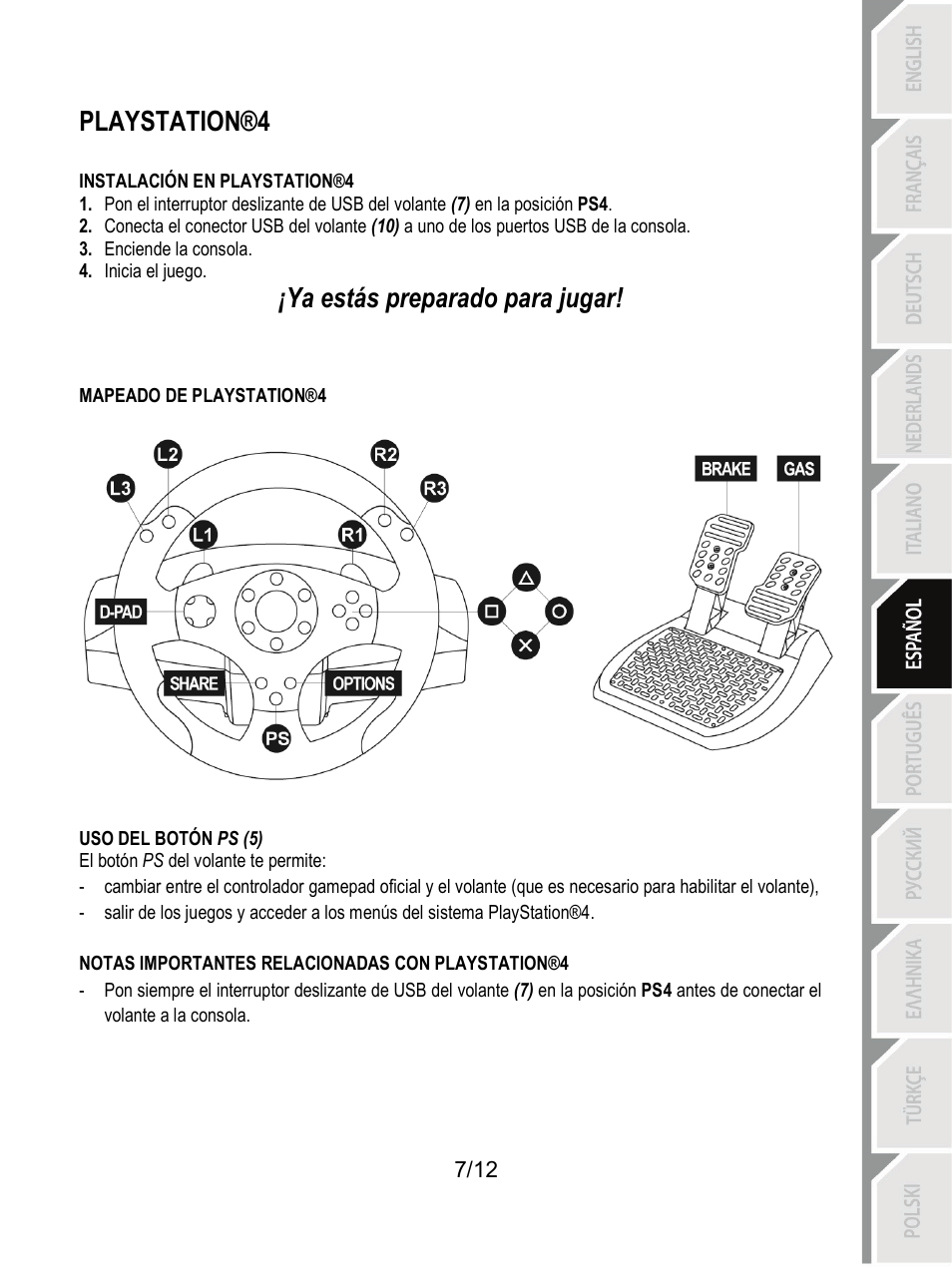 Playstation®4, Ya estás preparado para jugar | Thrustmaster T80 Racing Wheel User Manual | Page 68 / 269