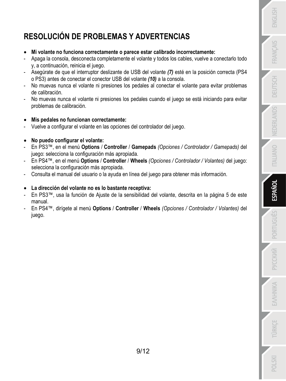 Resolución de problemas y advertencias | Thrustmaster T80 Racing Wheel User Manual | Page 70 / 269