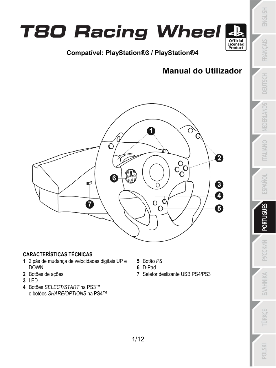 07_por_t80_racing_wheel, Características técnicas, Português | Manual do utilizador | Thrustmaster T80 Racing Wheel User Manual | Page 74 / 269