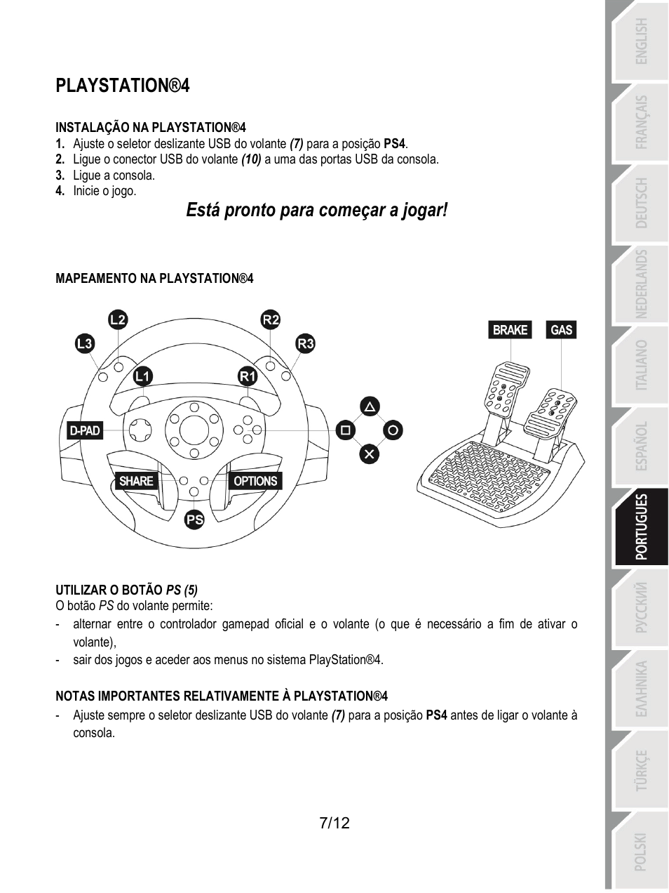 Playstation®4, Está pronto para começar a jogar | Thrustmaster T80 Racing Wheel User Manual | Page 80 / 269