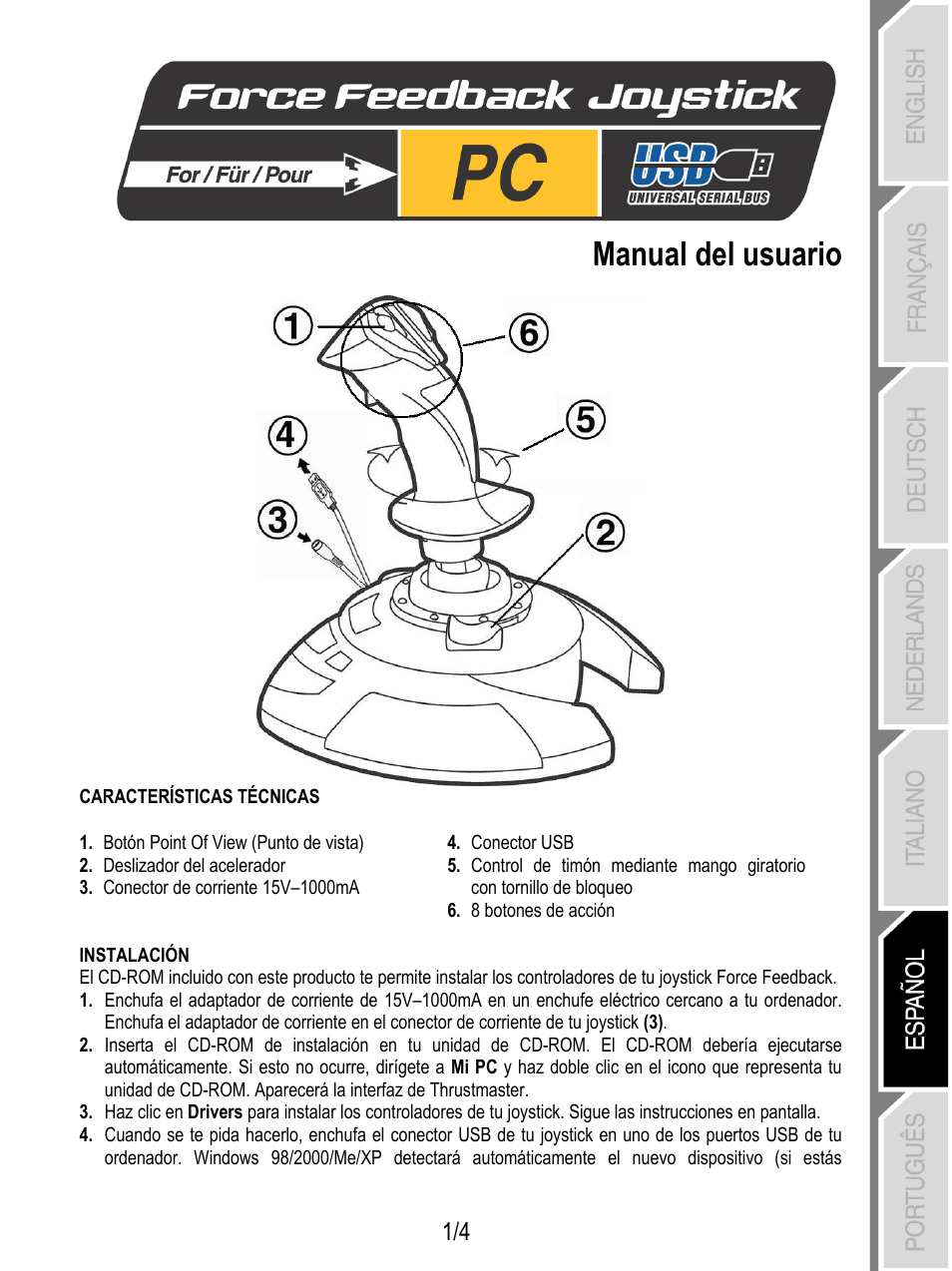 Español, Manual del usuario | Thrustmaster Force Feedback Joystick User Manual | Page 21 / 28