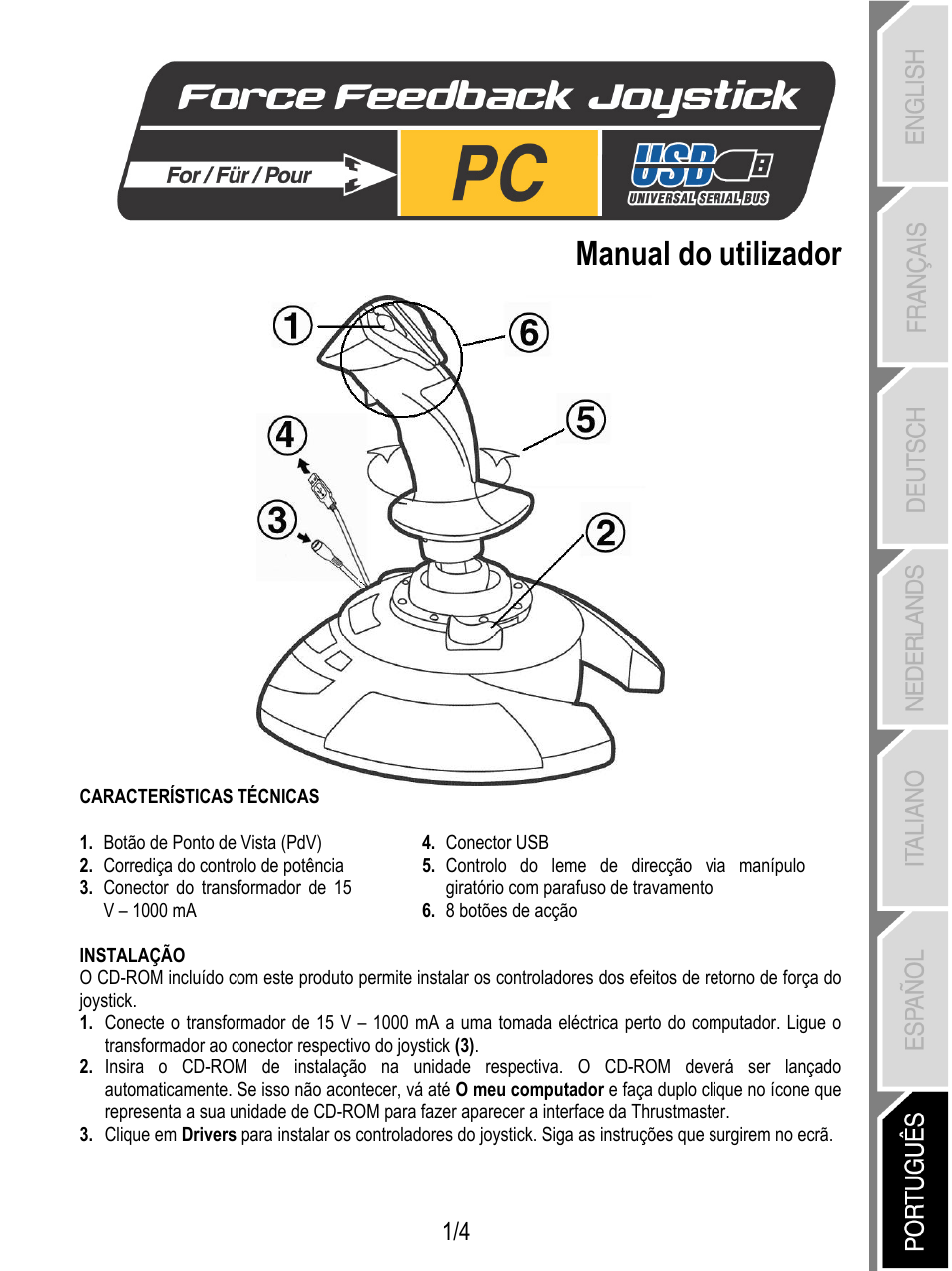 Português, Manual do utilizador | Thrustmaster Force Feedback Joystick User Manual | Page 25 / 28