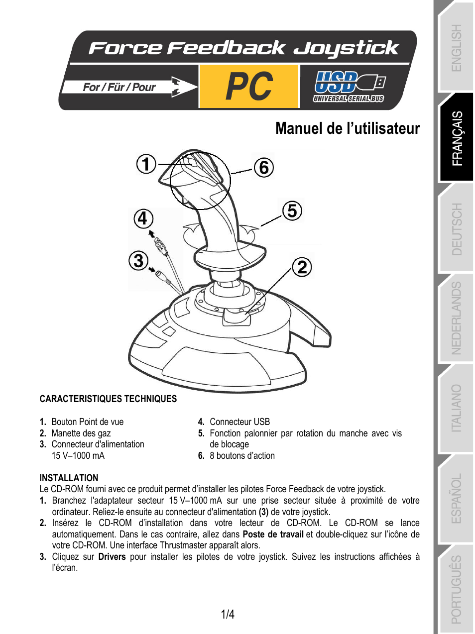 Français, Manuel de l’utilisateur | Thrustmaster Force Feedback Joystick User Manual | Page 5 / 28