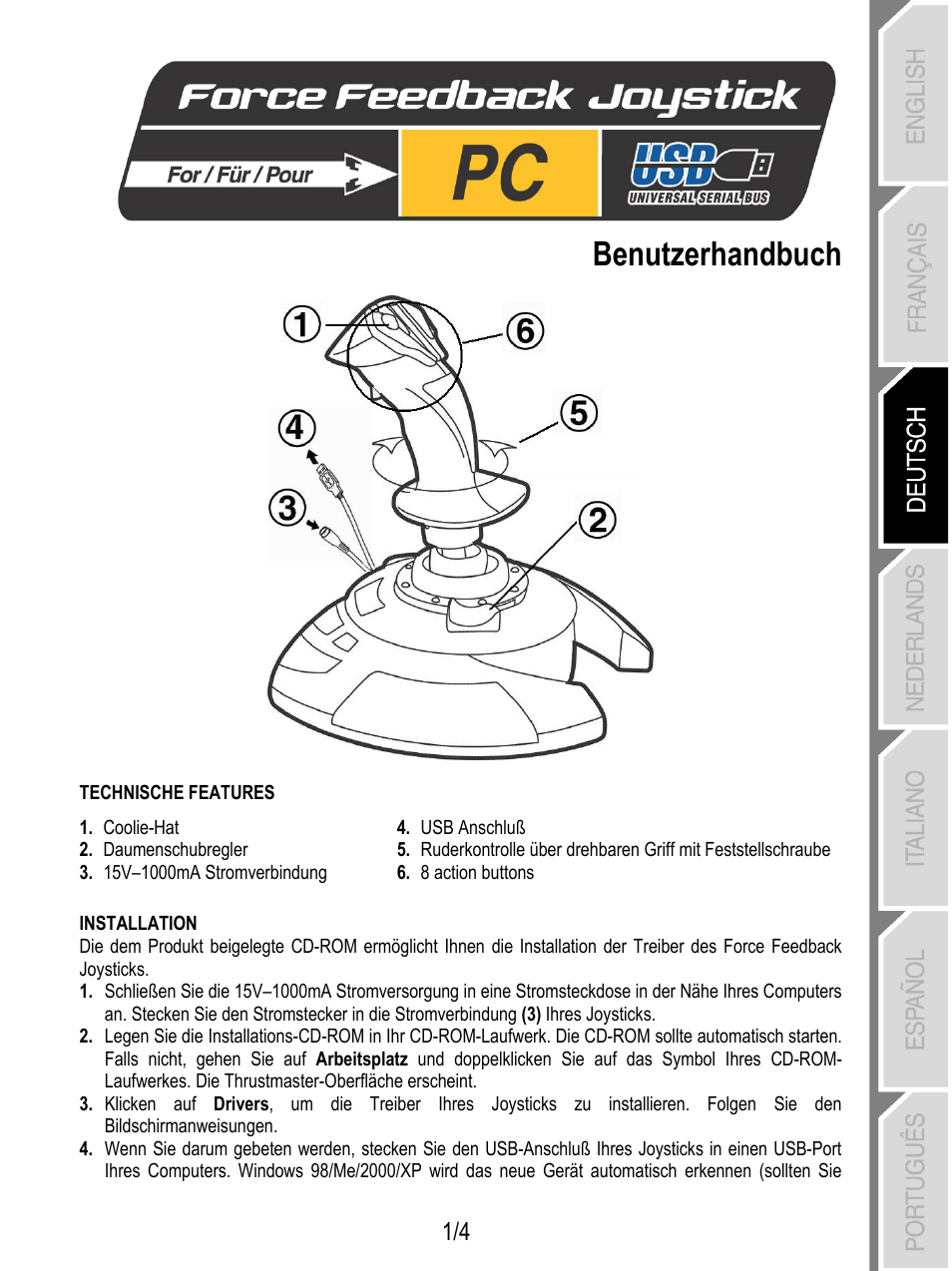 Deutsch, Benutzerhandbuch | Thrustmaster Force Feedback Joystick User Manual | Page 9 / 28