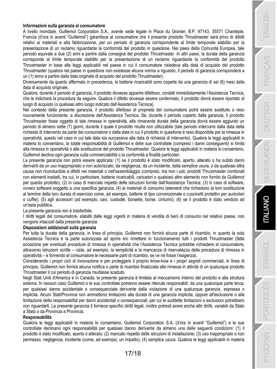 Informazioni sulla garanzia al consumatore | Thrustmaster HOTAS Warthog User Manual | Page 90 / 145