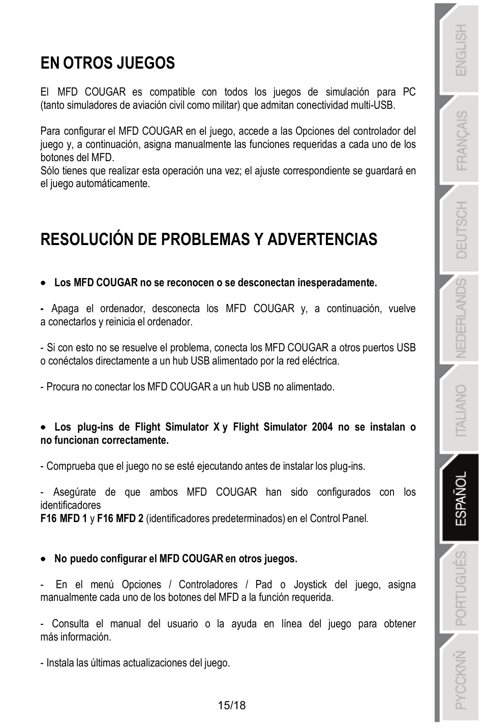 En otros juegos, Resolución de problemas y advertencias | Thrustmaster MFD COUGAR Pack User Manual | Page 106 / 145