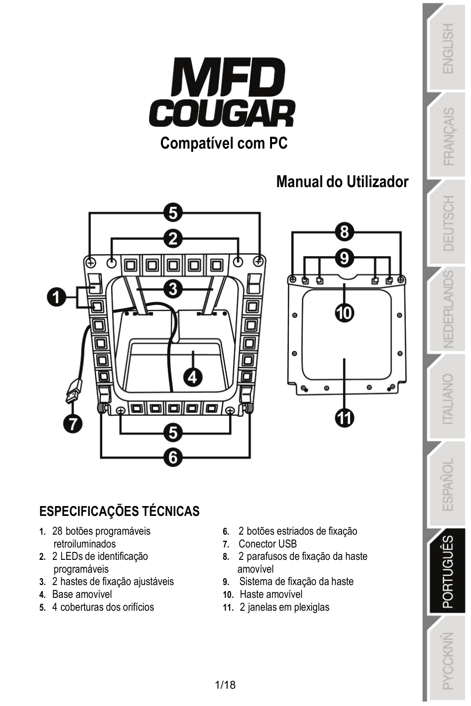 Compatível com pc, Manual do utilizador, Especificações técnicas | Thrustmaster MFD COUGAR Pack User Manual | Page 110 / 145