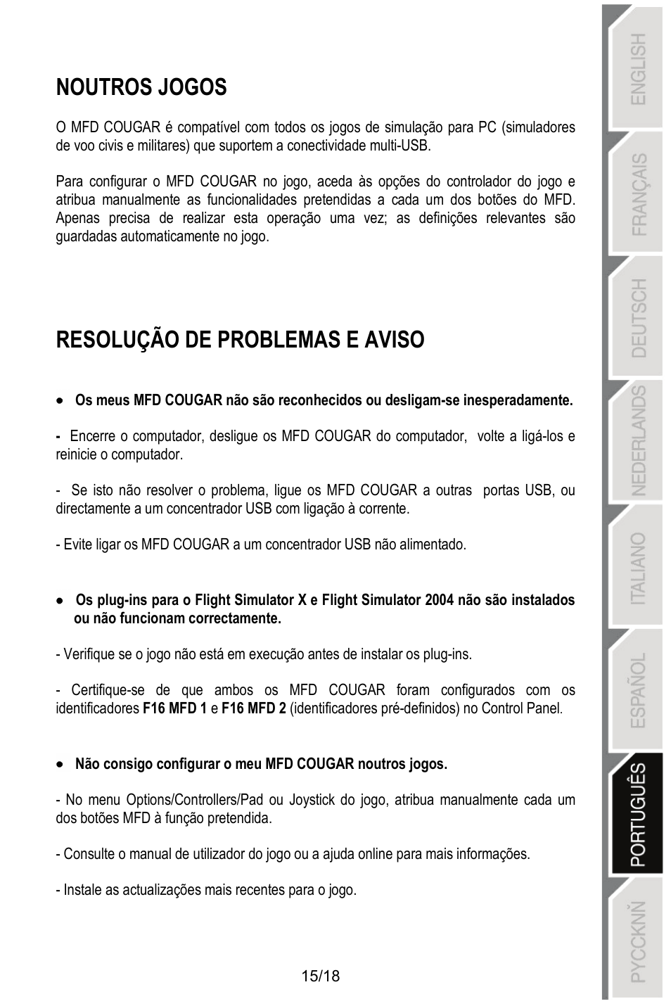 Noutros jogos, Resolução de problemas e aviso | Thrustmaster MFD COUGAR Pack User Manual | Page 124 / 145