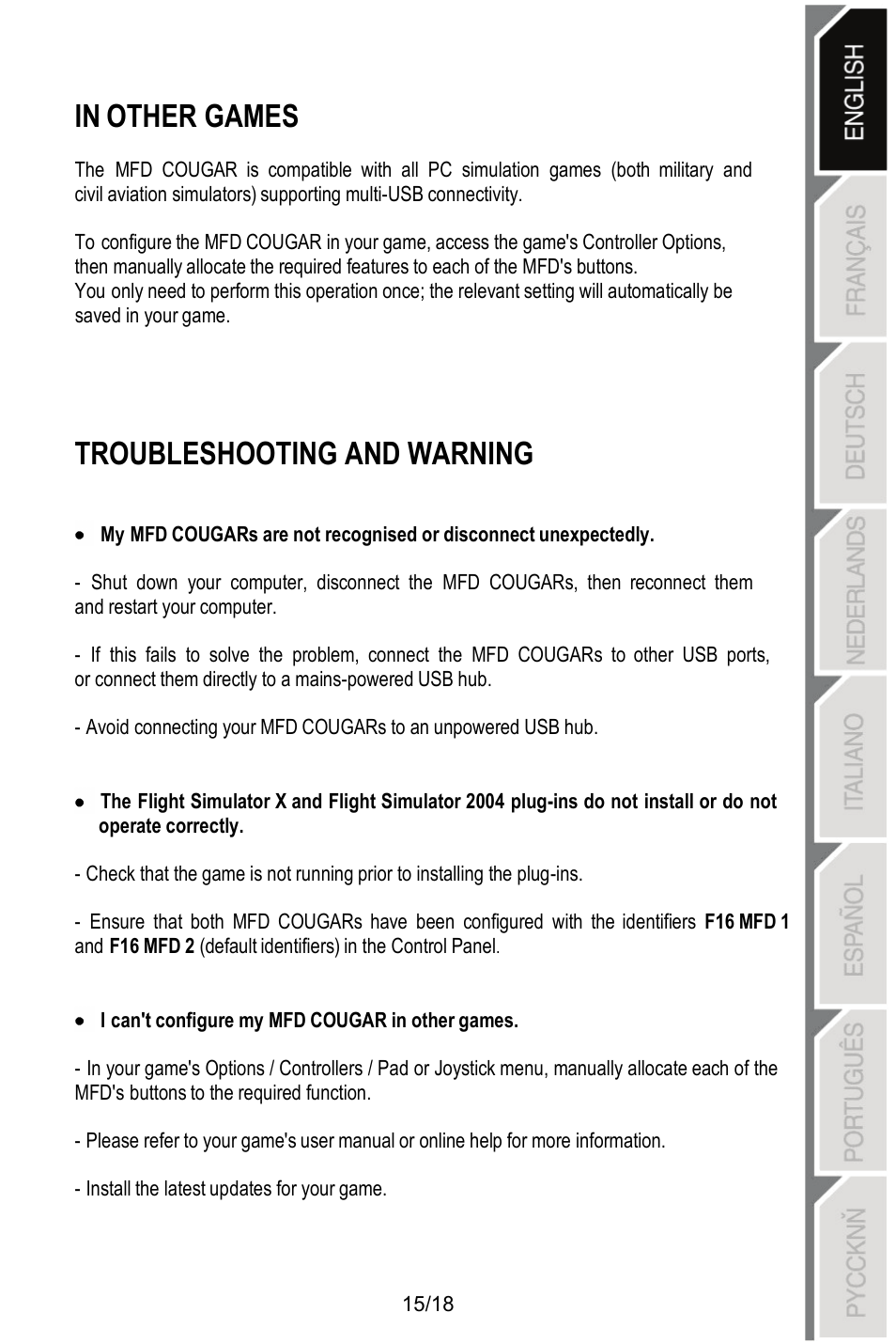 Troubleshooting and warning | Thrustmaster MFD COUGAR Pack User Manual | Page 16 / 145