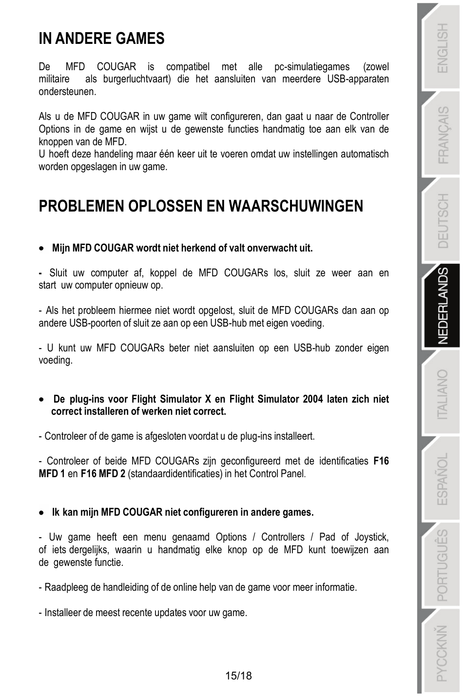 Problemen oplossen en waarschuwingen | Thrustmaster MFD COUGAR Pack User Manual | Page 70 / 145