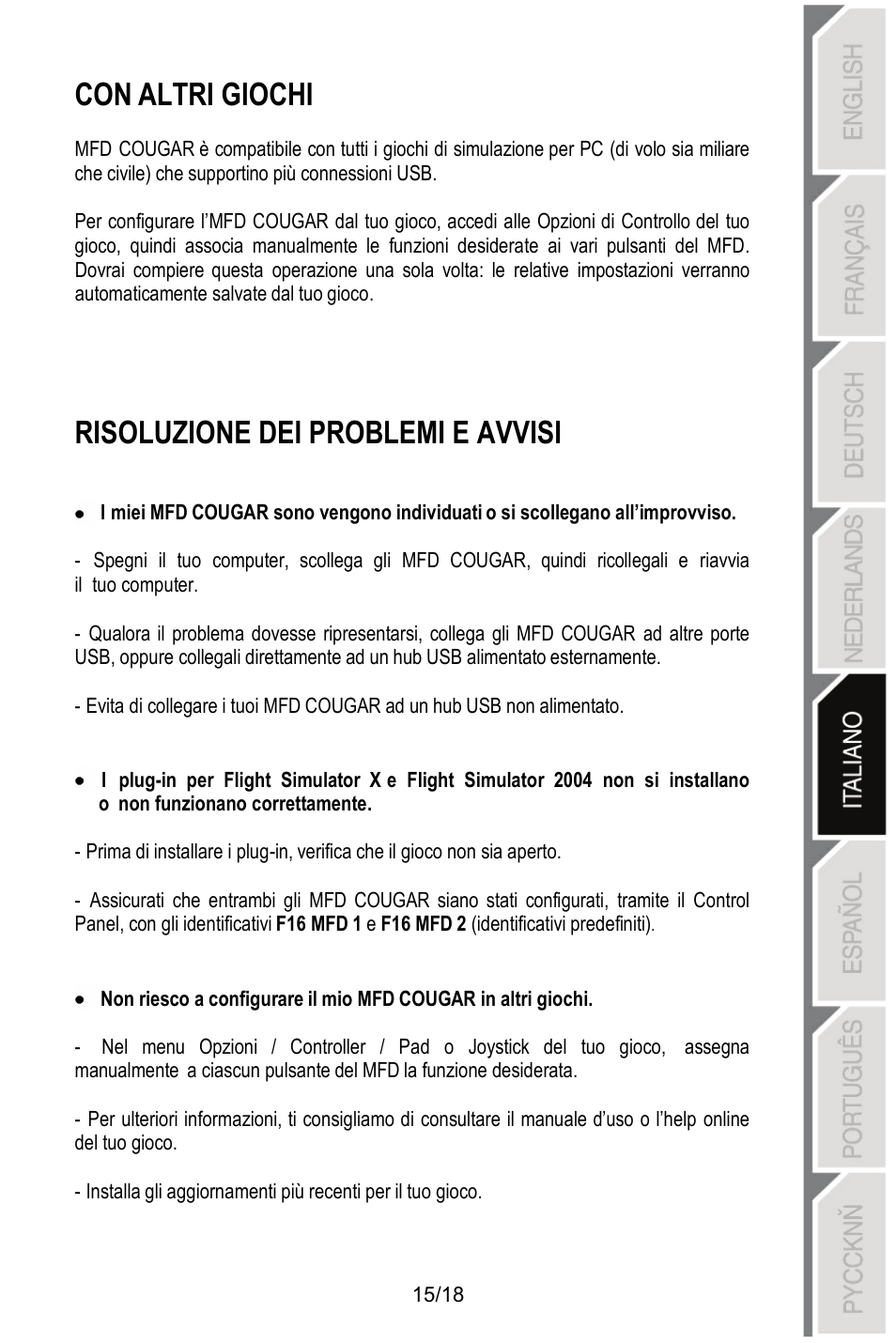 Con altri giochi, Risoluzione dei problemi e avvisi | Thrustmaster MFD COUGAR Pack User Manual | Page 88 / 145