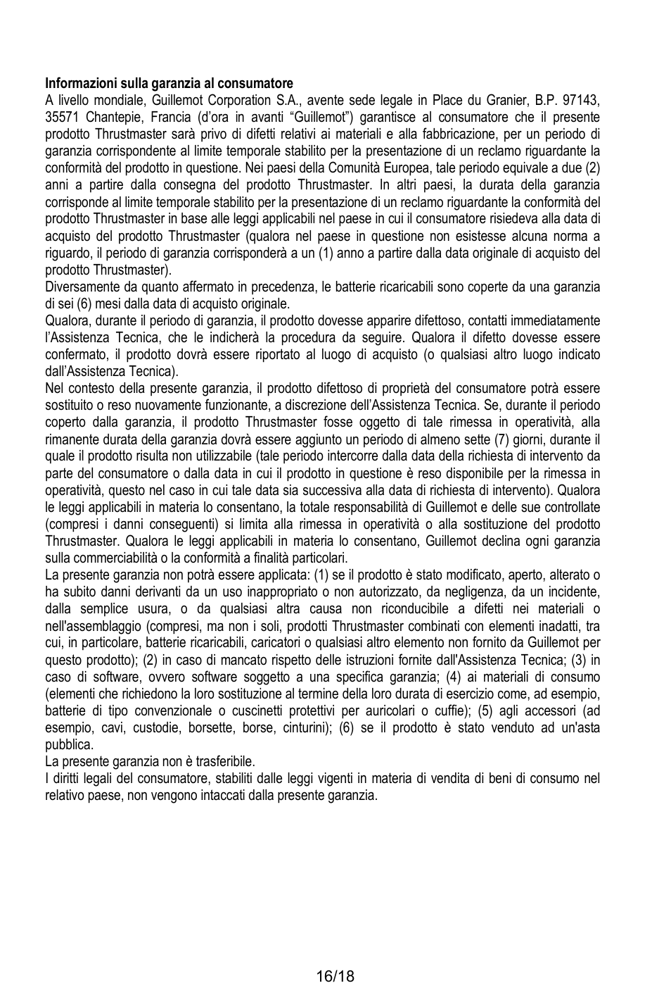 Informazioni sulla garanzia al consumatore | Thrustmaster MFD COUGAR Pack User Manual | Page 89 / 145