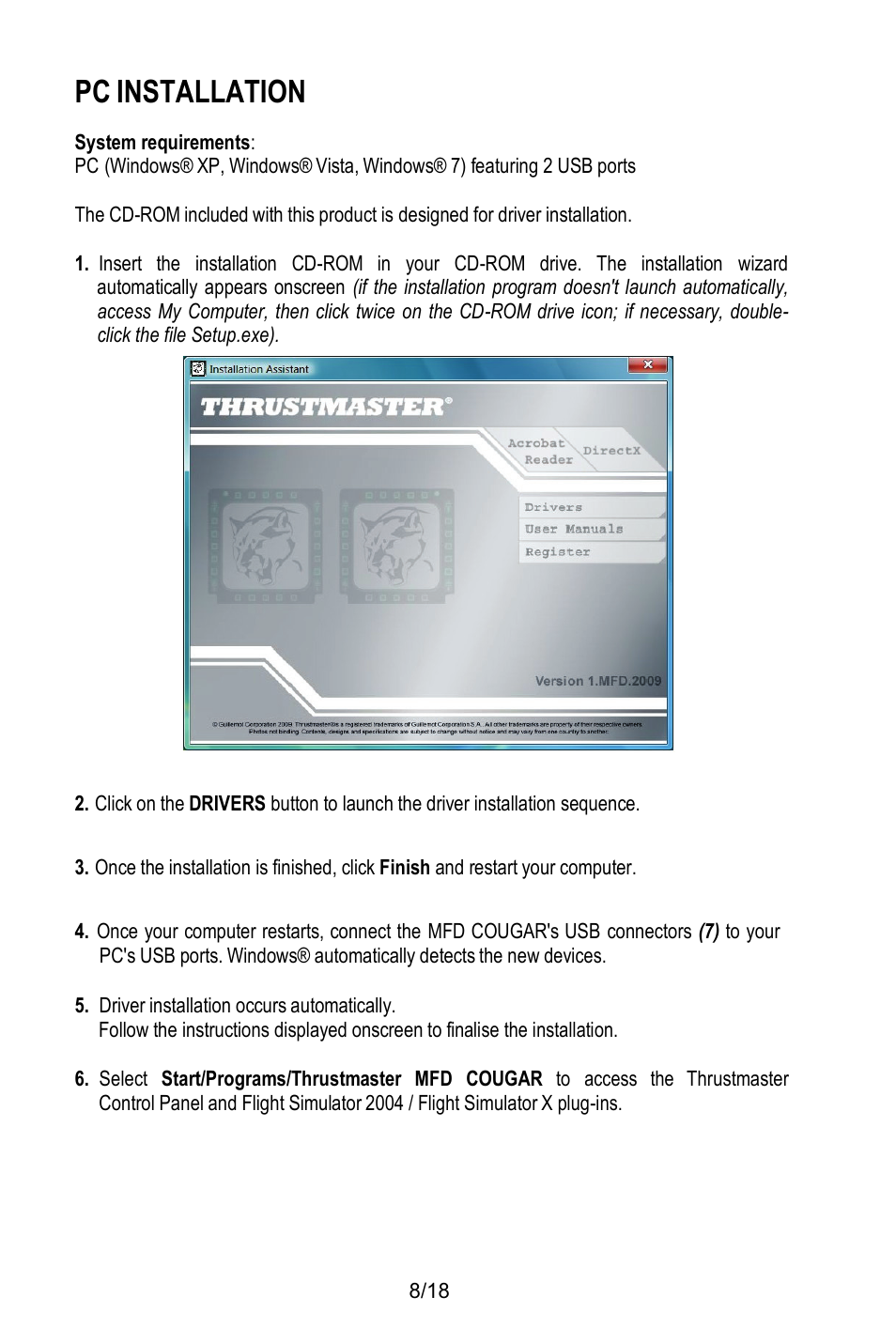 Pc installation | Thrustmaster MFD COUGAR Pack User Manual | Page 9 / 145