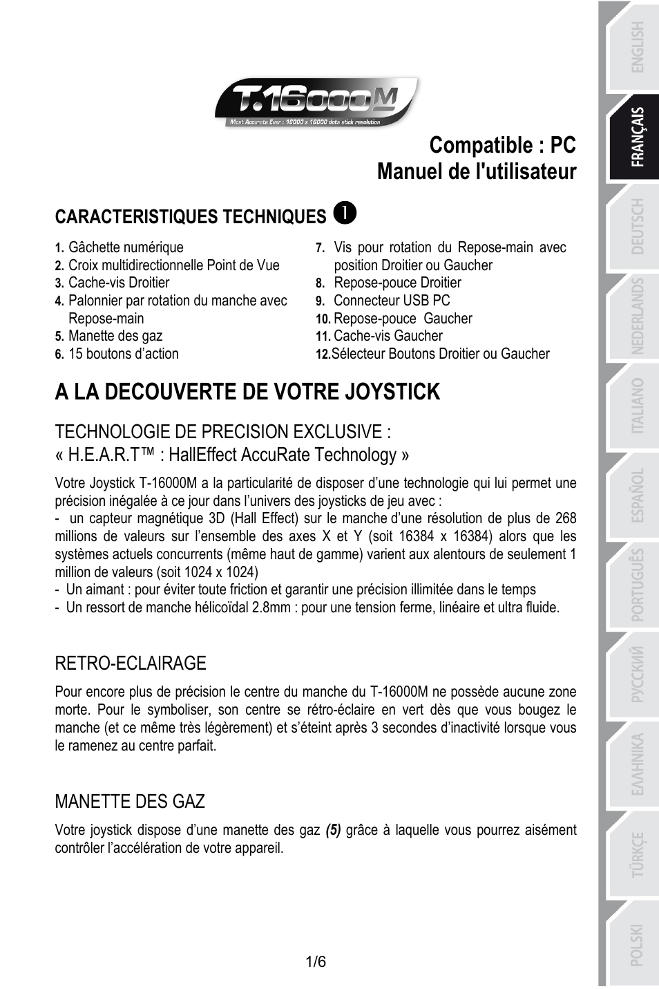 Fra_t-16000m v3, Compatible : pc, Manuel de l'utilisateur | Caracteristiques techniques, Gâchette numérique, Croix multidirectionnelle point de vue, Repose-pouce droitier, Cache-vis droitier, Connecteur usb pc, Palonnier par rotation du manche avec repose-main | Thrustmaster T.16000M User Manual | Page 12 / 97