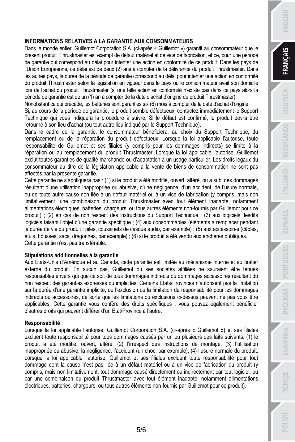 70bstipulations additionnelles à la garantie, Cette garantie n’est pas transférable, Stipulations additionnelles à la garantie | Responsabilité | Thrustmaster T.16000M User Manual | Page 16 / 97