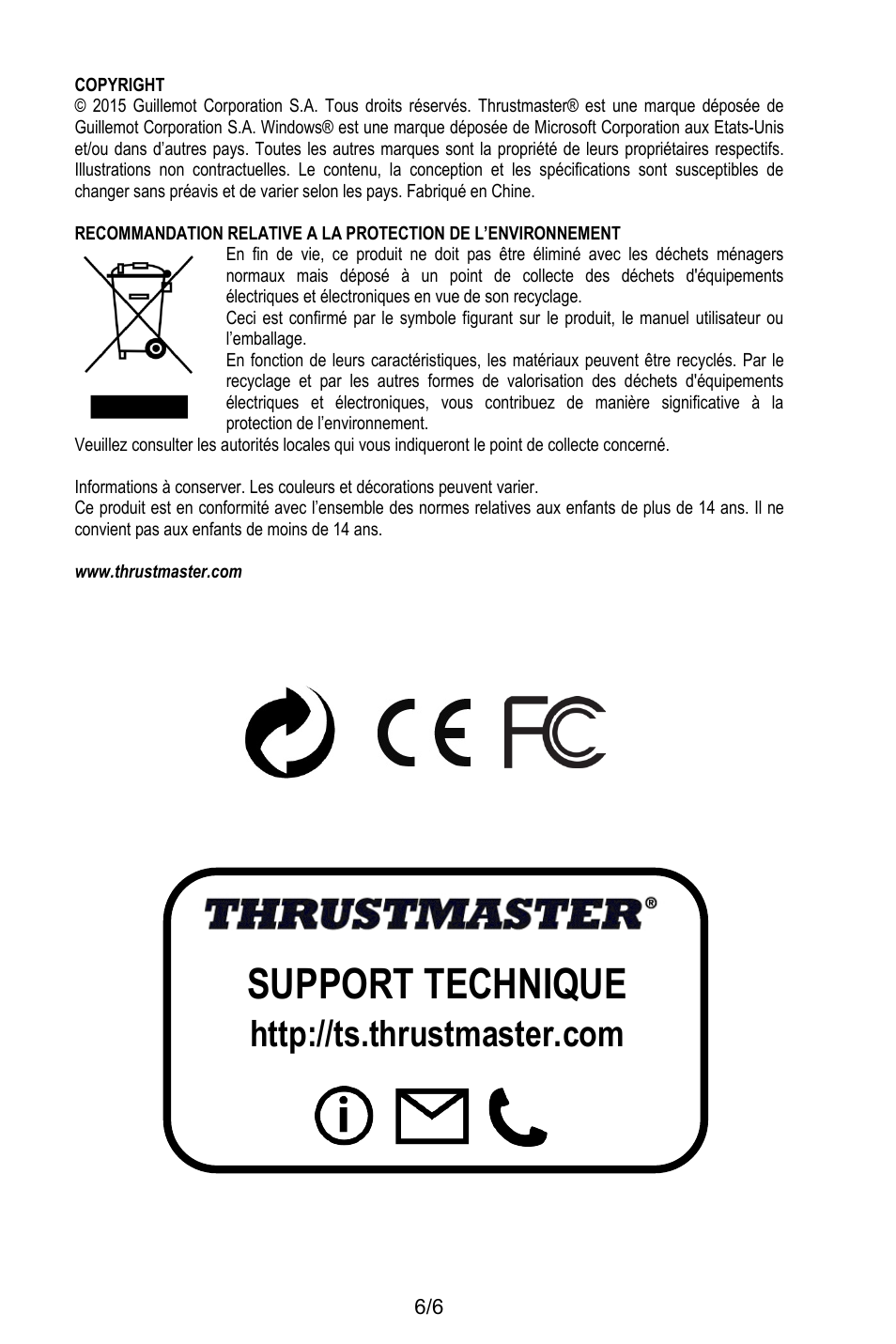 Copyright, Www.thrustmaster.com, Support technique | Thrustmaster T.16000M User Manual | Page 17 / 97