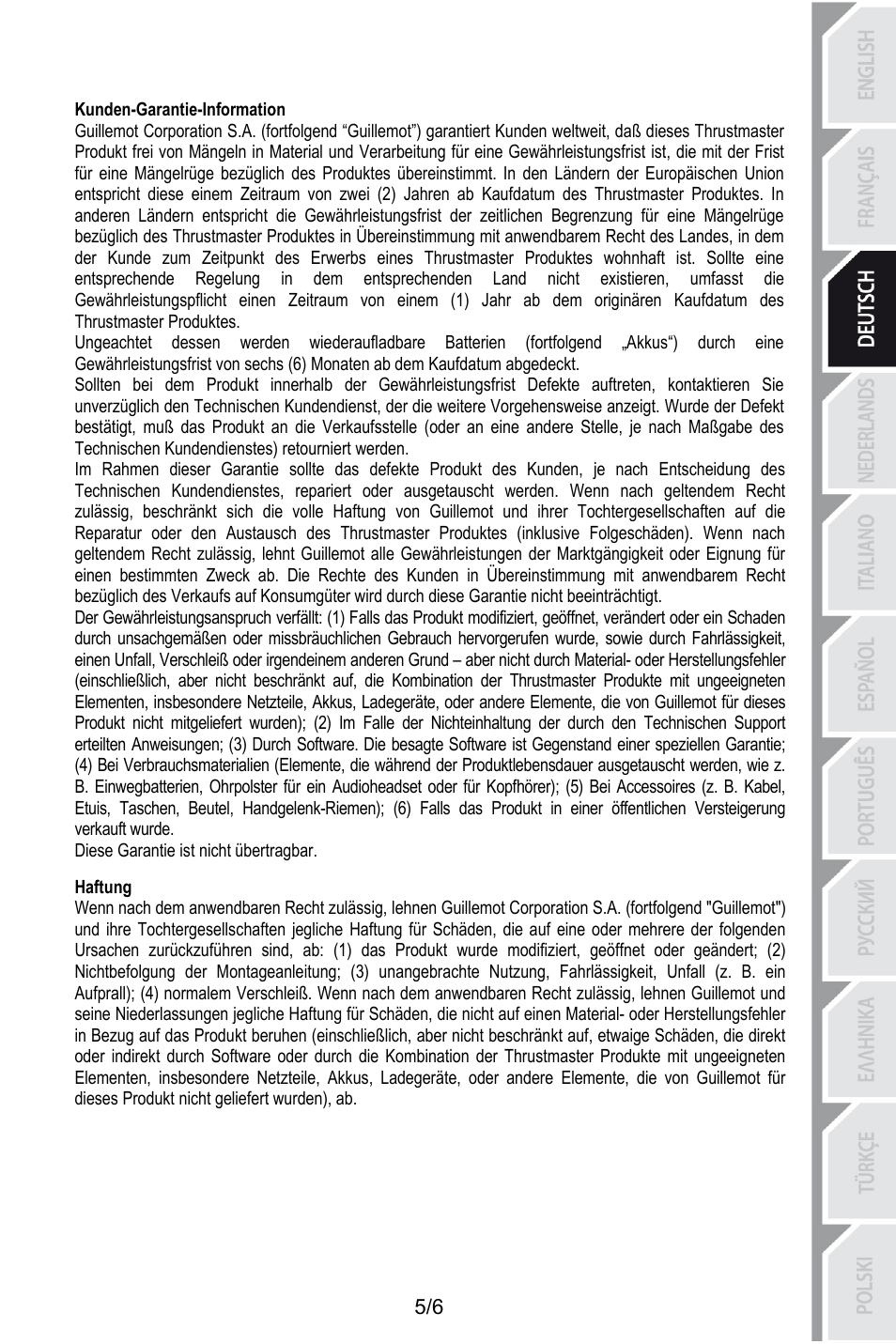 Kunden-garantie-information, Diese garantie ist nicht übertragbar, 72bhaftung | Haftung | Thrustmaster T.16000M User Manual | Page 24 / 97