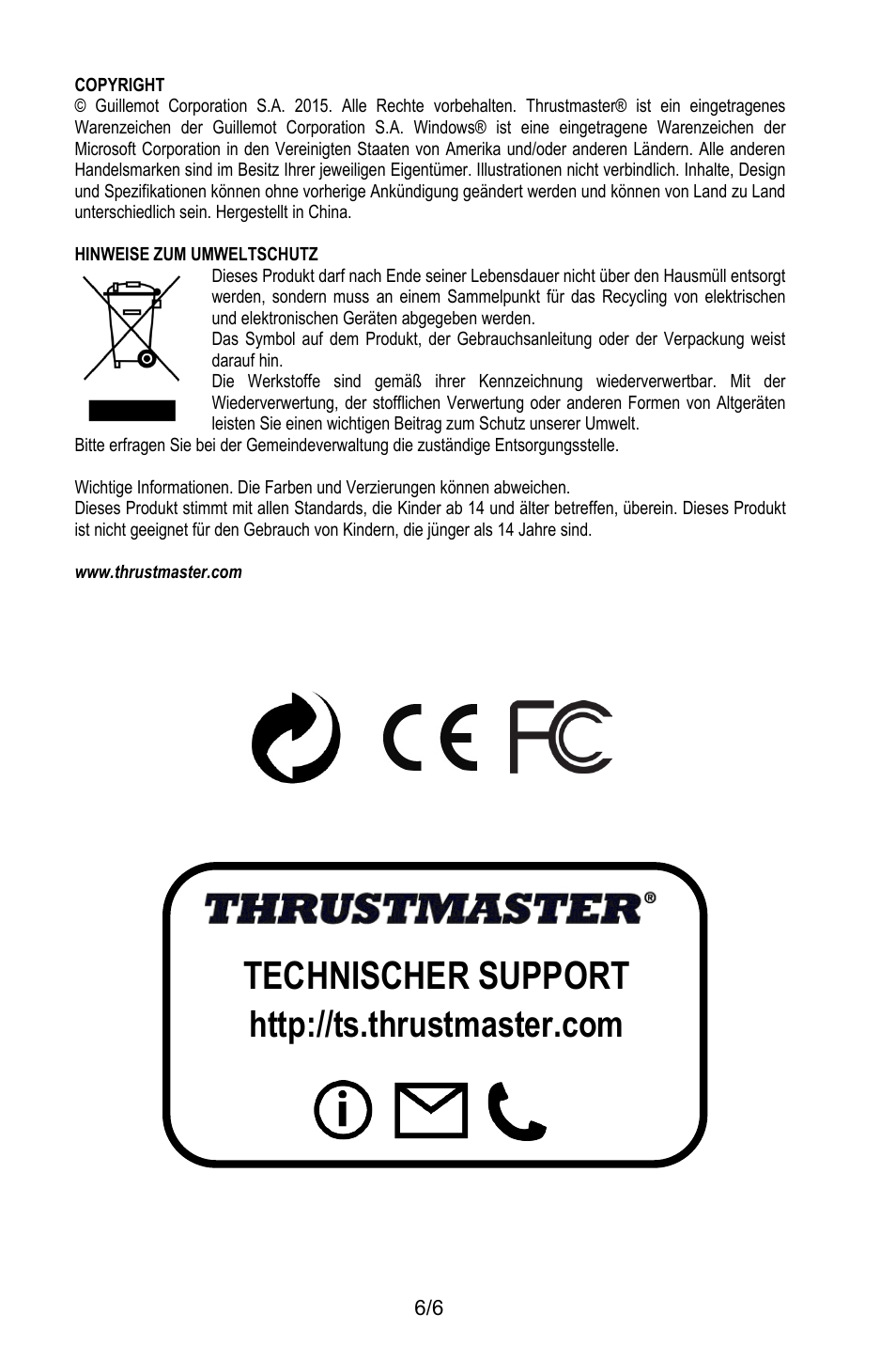 Copyright, Hinweise zum umweltschutz, Www.thrustmaster.com | Technischer support | Thrustmaster T.16000M User Manual | Page 25 / 97