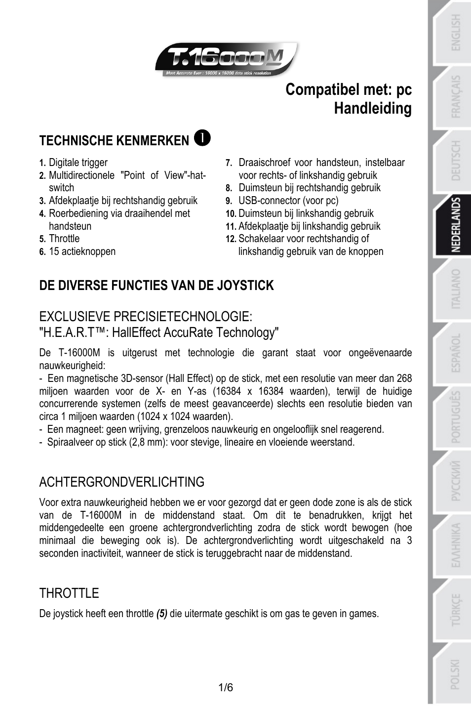 Ned_t-16000m v3, Compatibel met: pc, Handleiding | Technische kenmerken, Digitale trigger, Multidirectionele "point of view"-hat-switch, Duimsteun bij rechtshandig gebruik, Usb-connector (voor pc), Afdekplaatje bij rechtshandig gebruik, Duimsteun bij linkshandig gebruik | Thrustmaster T.16000M User Manual | Page 28 / 97