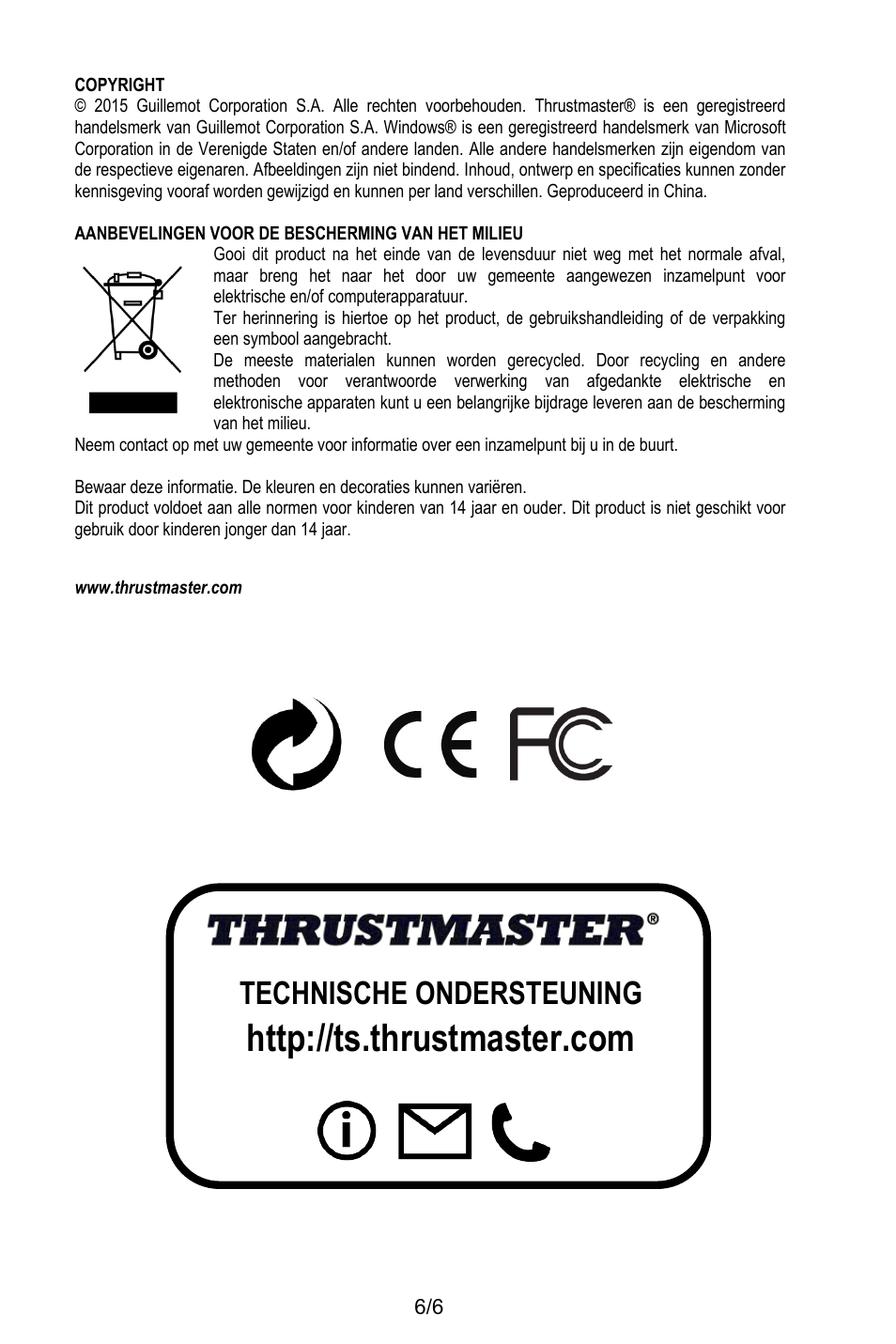 Copyright, Aanbevelingen voor de bescherming van het milieu, Www.thrustmaster.com | Technische ondersteuning | Thrustmaster T.16000M User Manual | Page 33 / 97