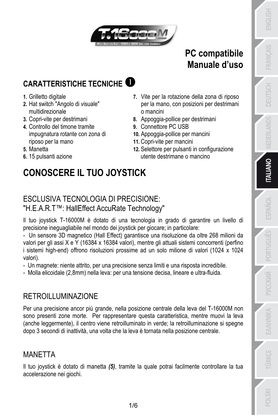 Ita_t-16000m v3, Pc compatibile, Manuale d’uso | Caratteristiche tecniche, Grilletto digitale, Hat switch "angolo di visuale" multidirezionale, Appoggia-pollice per destrimani, Copri-vite per destrimani, Connettore pc usb, Appoggia-pollice per mancini | Thrustmaster T.16000M User Manual | Page 36 / 97