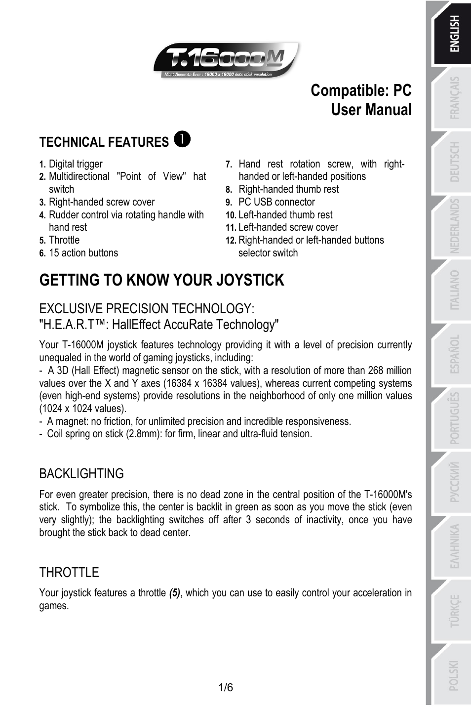 Eng_t-16000m v3, Compatible: pc, User manual | Technical features, Digital trigger, Multidirectional "point of view" hat switch, Right-handed thumb rest, Pc usb connector, Right-handed screw cover, Left-handed thumb rest | Thrustmaster T.16000M User Manual | Page 4 / 97
